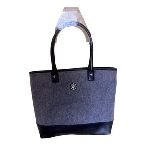 Tory Burch Wool Flannel Leather Trim Jaden Tote Shoulder Bag Black Gray Almost E